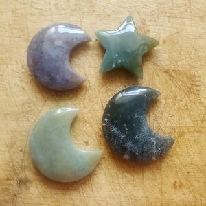 4 Pieces Of Carved Star & Moons Moss Agate. (Real Natural Polished)